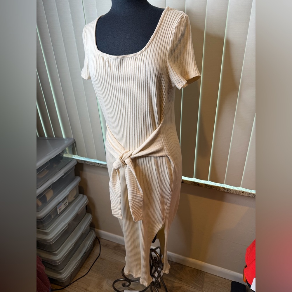 TOPSHOP Midi Sweater Dress 10 Beige Ribbed Knit Short Sleeve Tie Belt Size 14 - Picture 2 of 7